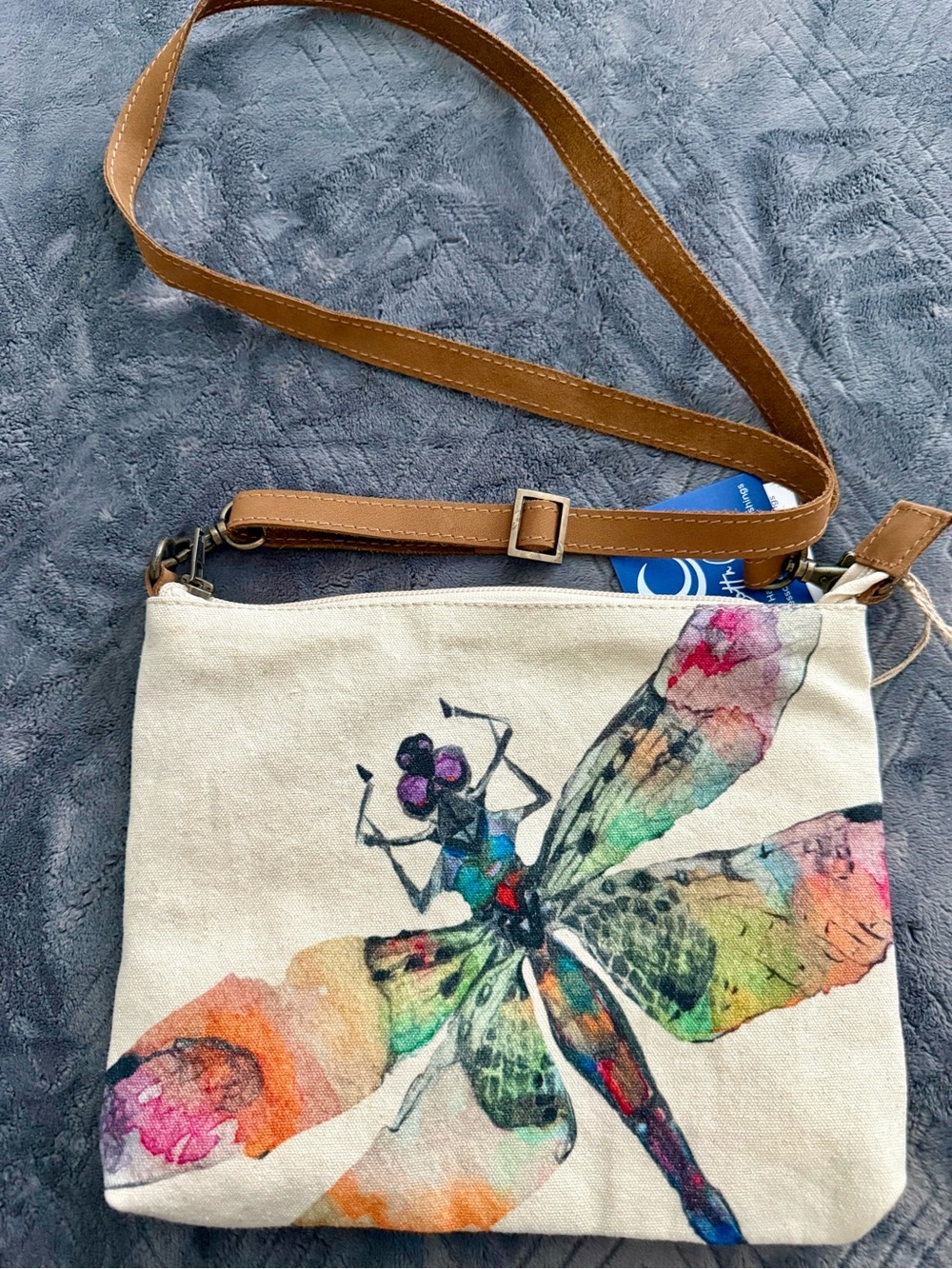 New! Cott N Curls Canvas Dragonfly Crossbody Bag with Brown Strap